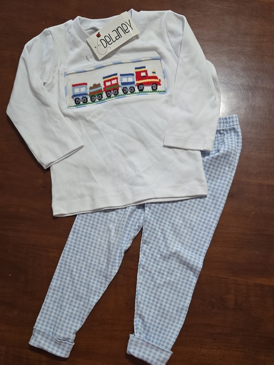 Other - Delaney White and Light Blue Train-Embroidered Kids Smocked Set